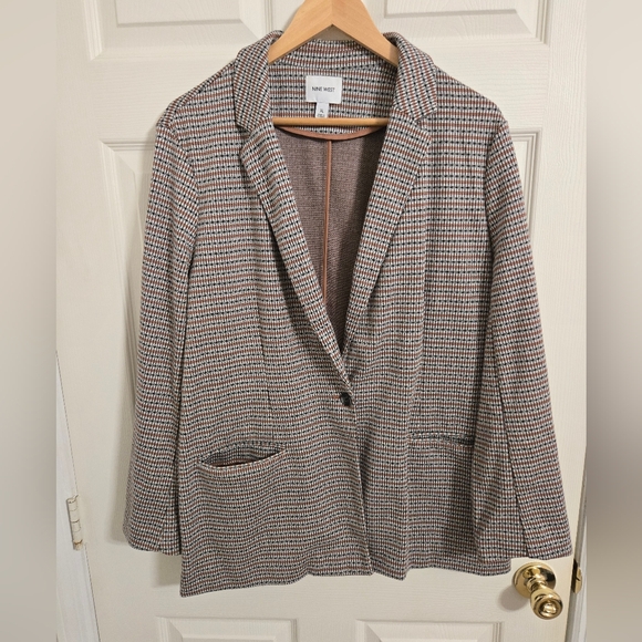 Nine West Jackets & Blazers - Nine West Women's Cream And Brown Houndstooth Polyester Blazer Size XL